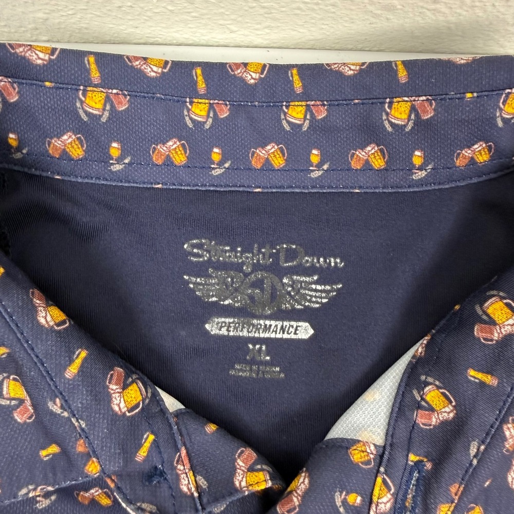 Straight Down Mens XL Beer Mug Print Performance Golf Polo Shirt Navy Blue‎ - Picture 5 of 12